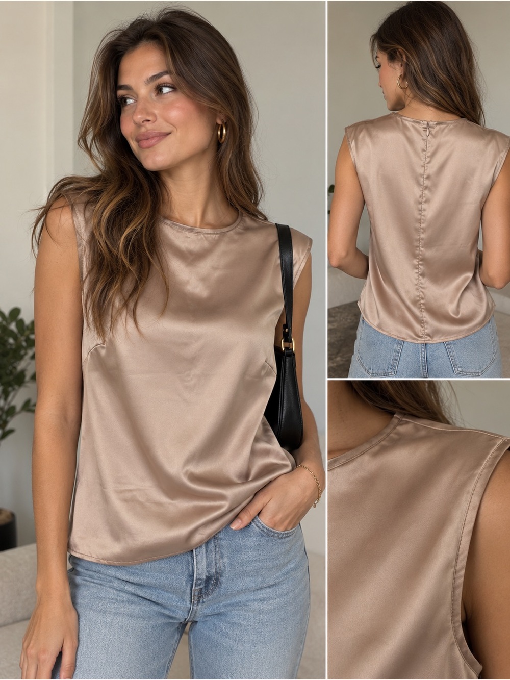 Satin Sleeveless Shell Top in Taupe